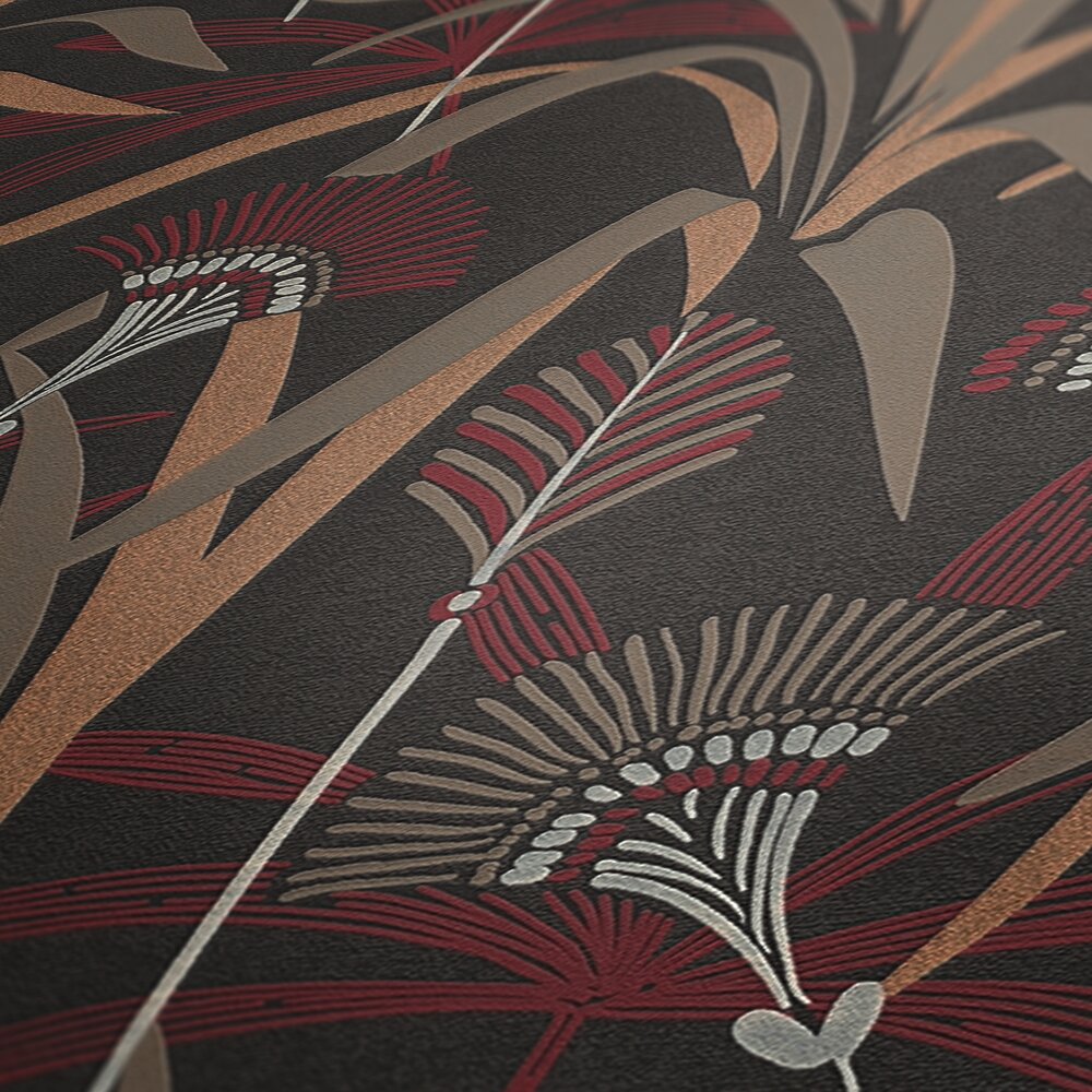             Non-woven floral wallpaper in a graphic design - metallic, black, red
        