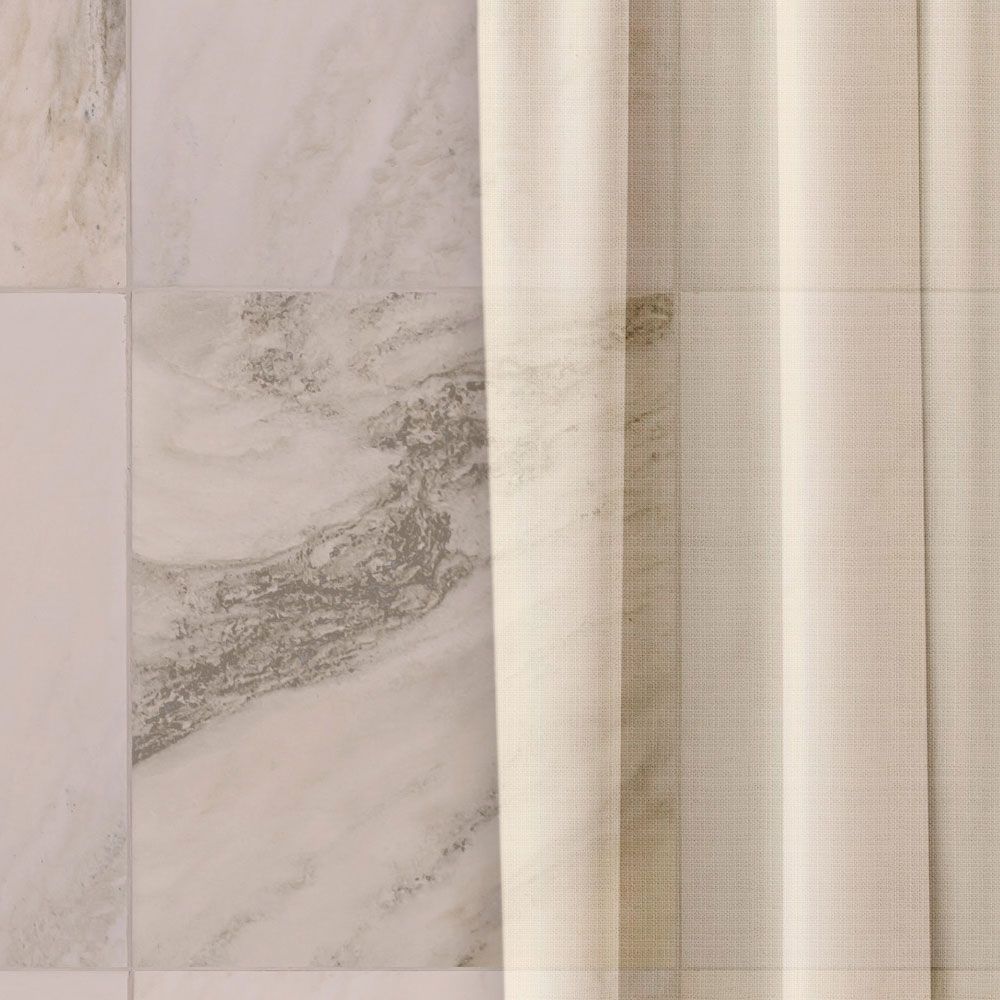             papier peint en papier panoramique »nova 3« - Rideaux tombant discrètement sur un mur de marbre beige - intissé lisse, légèrement nacré
        