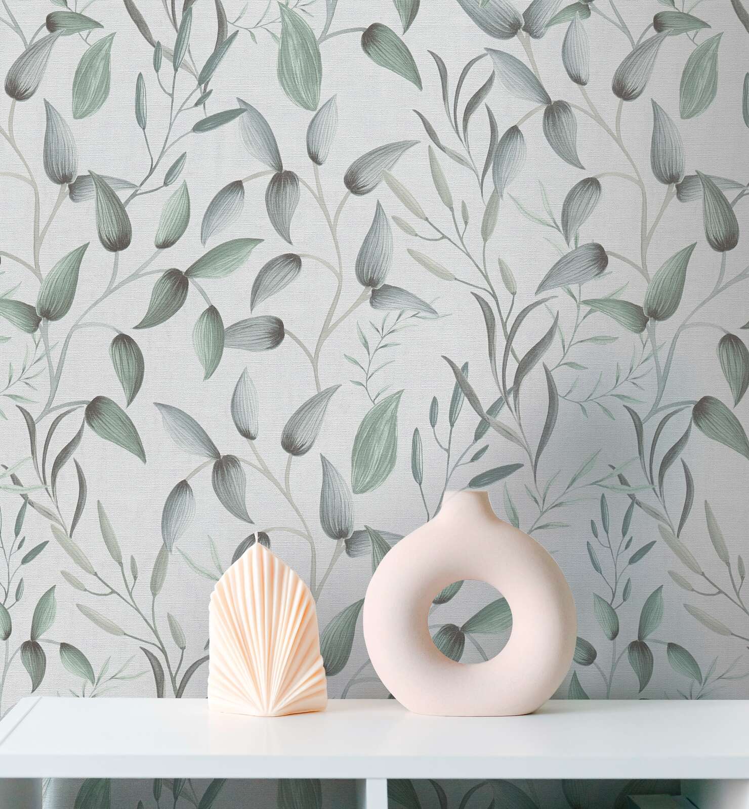             Non-woven wallpaper with soft spring tendrils - green, white, grey
        