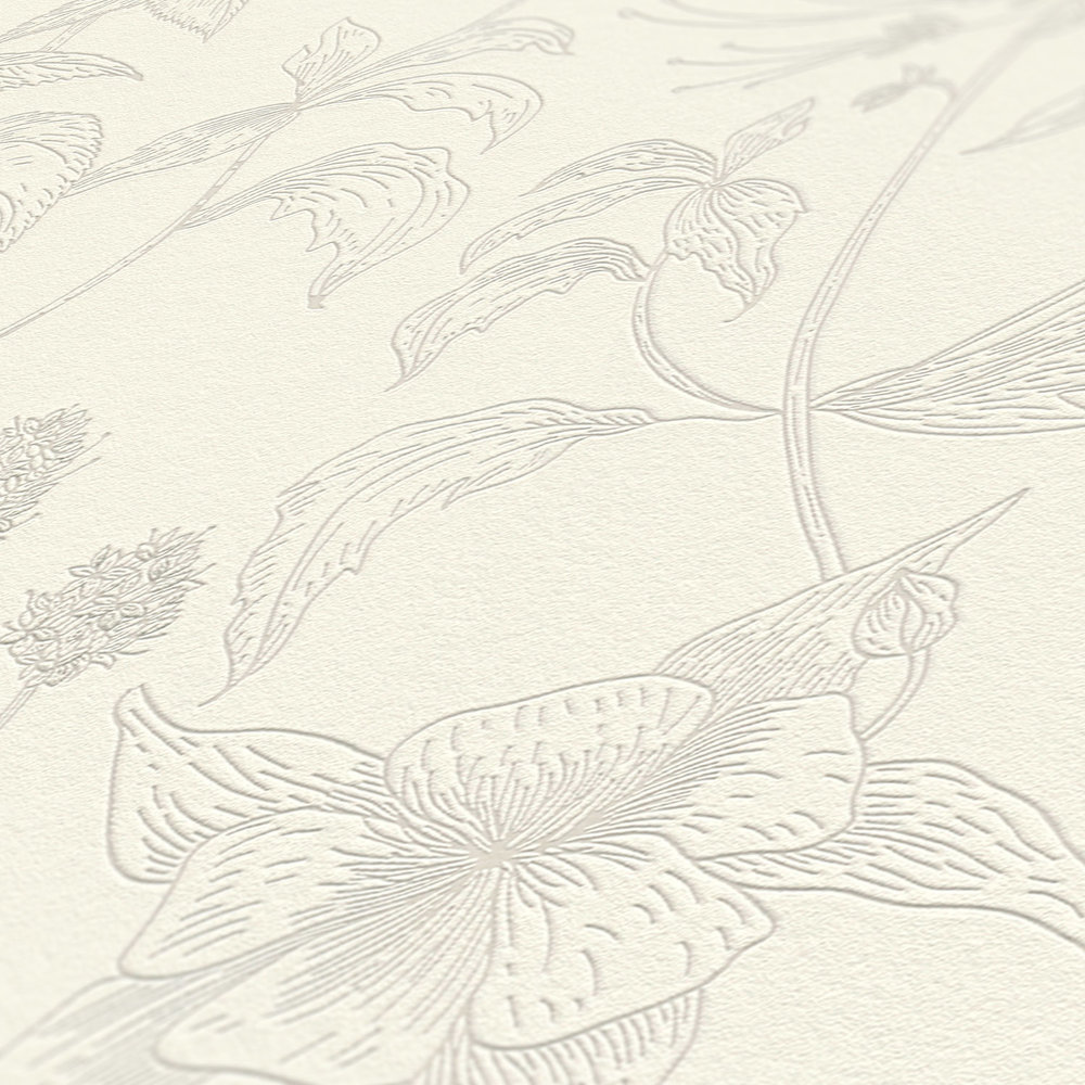             Papier peint intissé avec motif floral et accent métallique - beige, argent, blanc
        