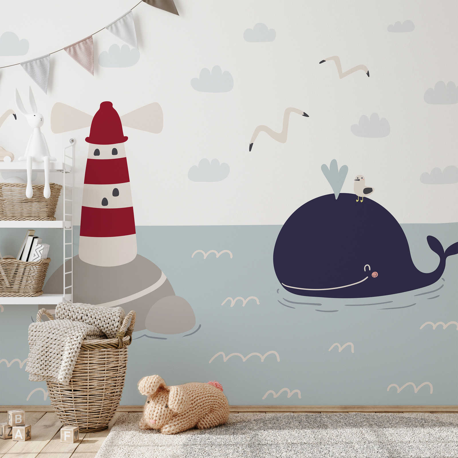 Papel pintado fotográfico para habitación infantil con faro y ballena - Material sin tejer liso y ligeramente brillante
