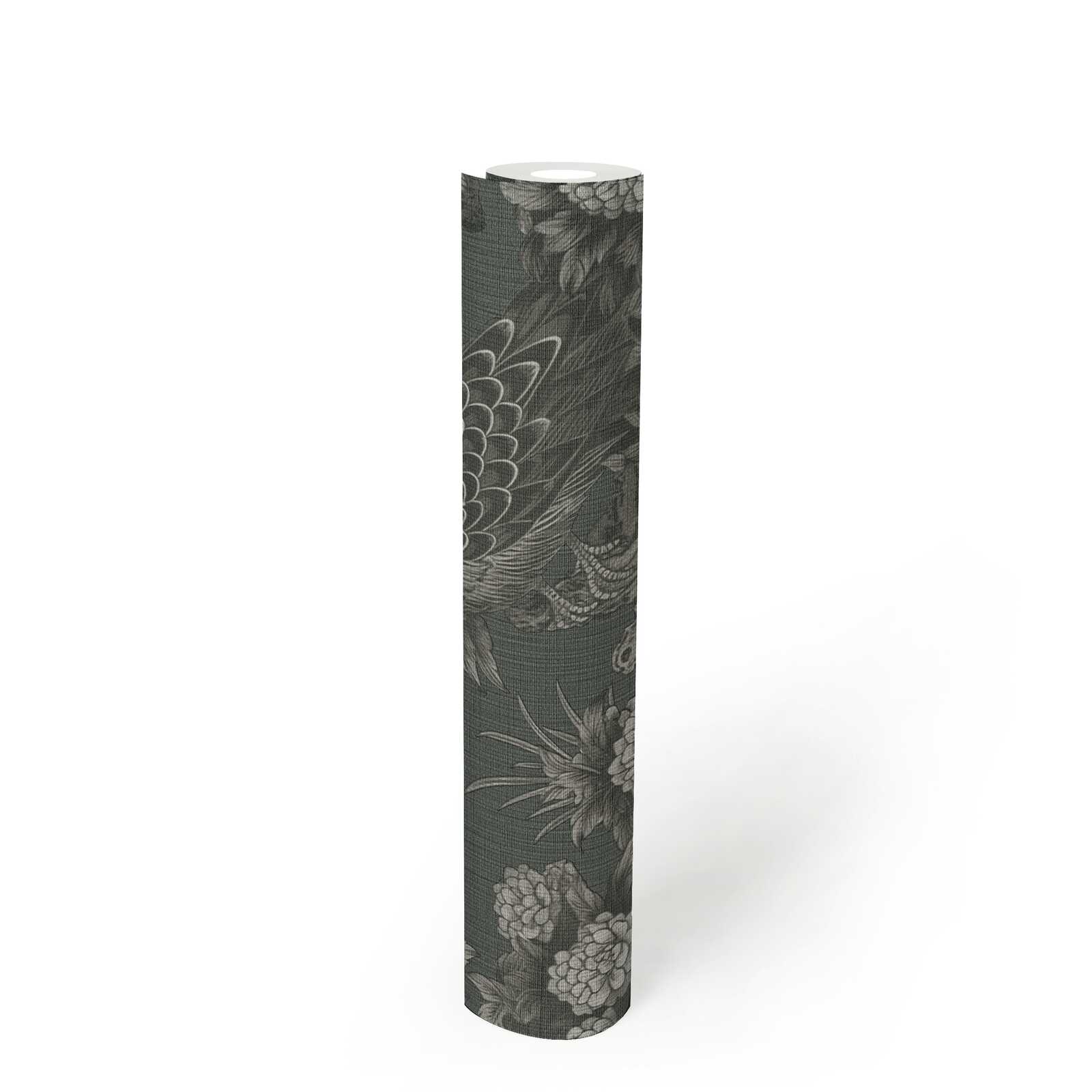             Non-woven wallpaper in English country house style floral - grey, black
        