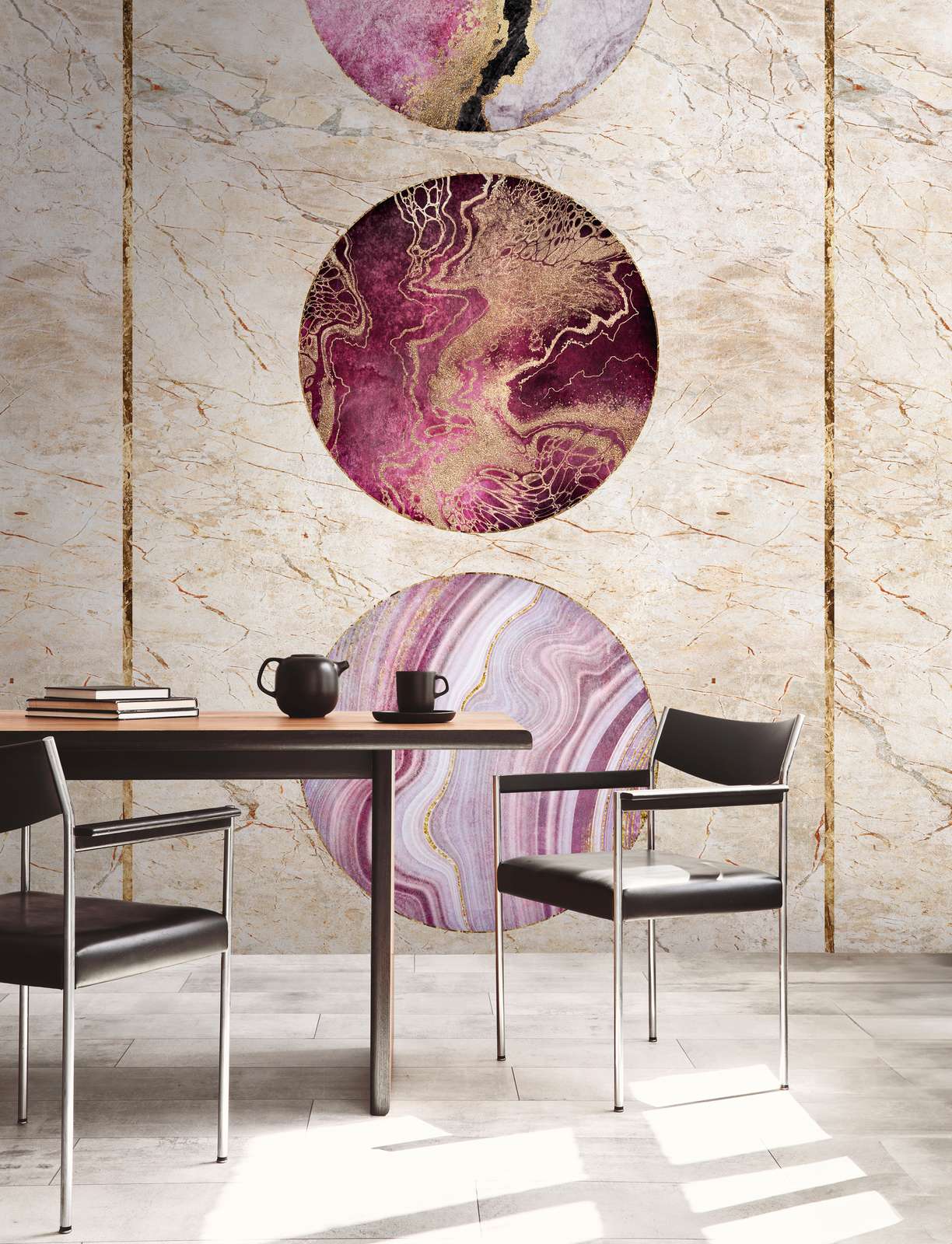             Colourful marble non-woven wallpaper with circles and gold accents - beige, gold, pink
        