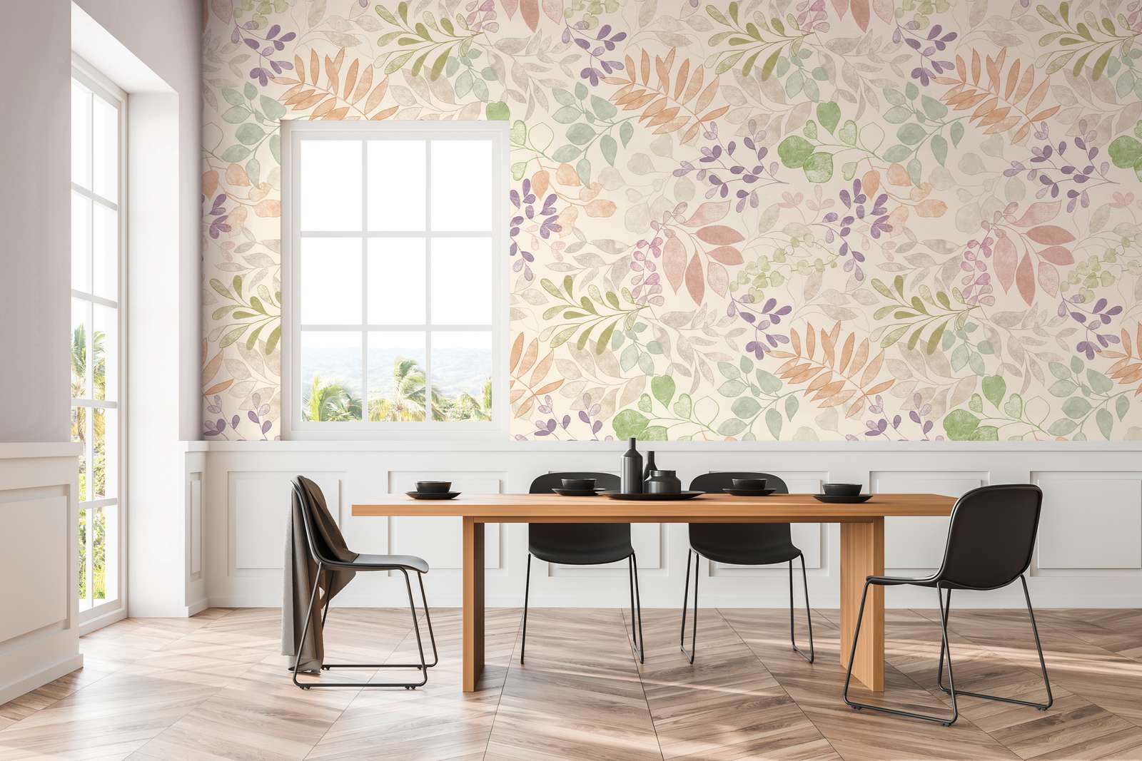             Papel pintado motivo XXL con motivos florales en acuarela - crema, verde, morado
        