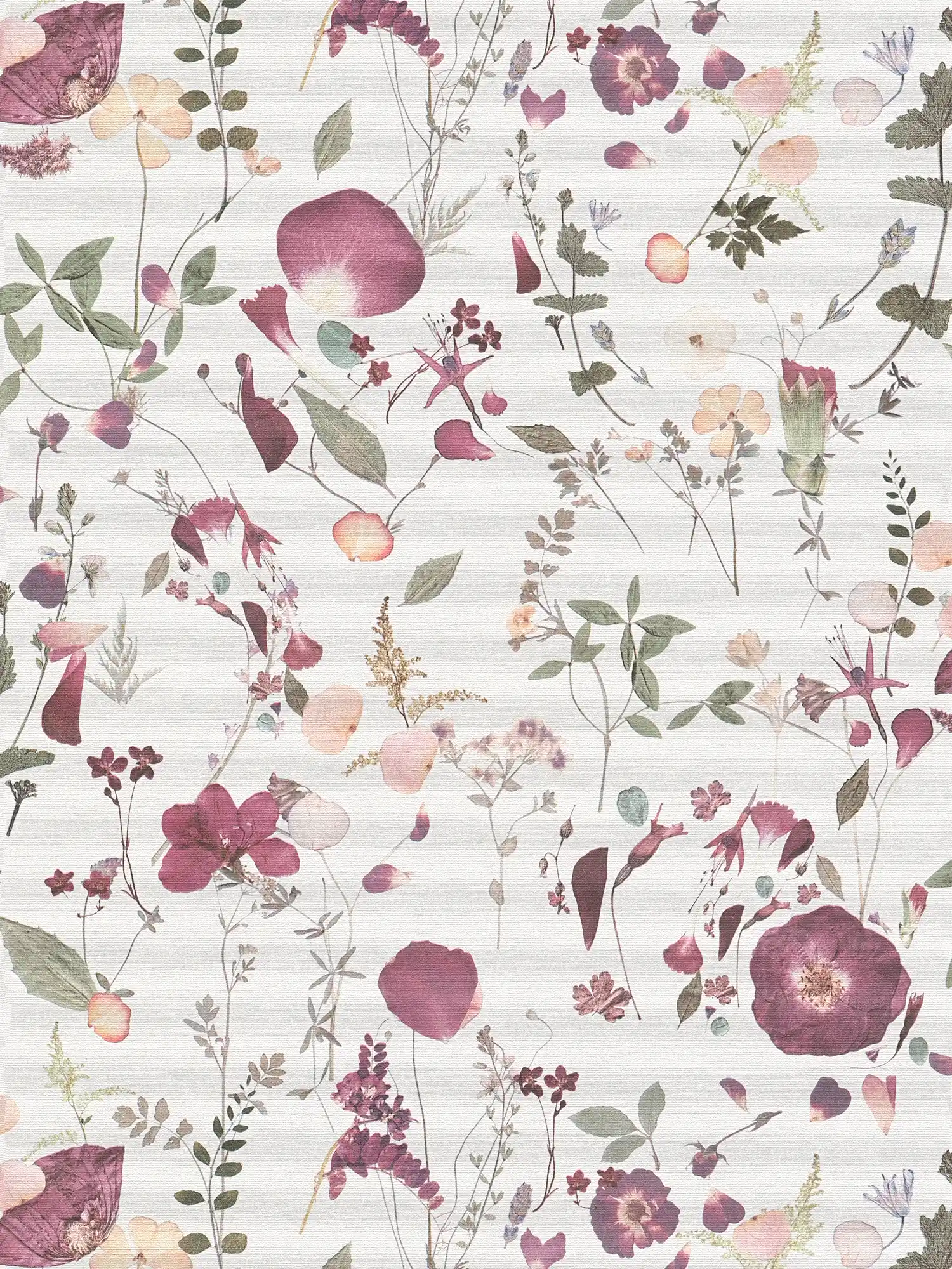 Non-woven wallpaper with floral bouquet motif in country house style - white, violet, pink
