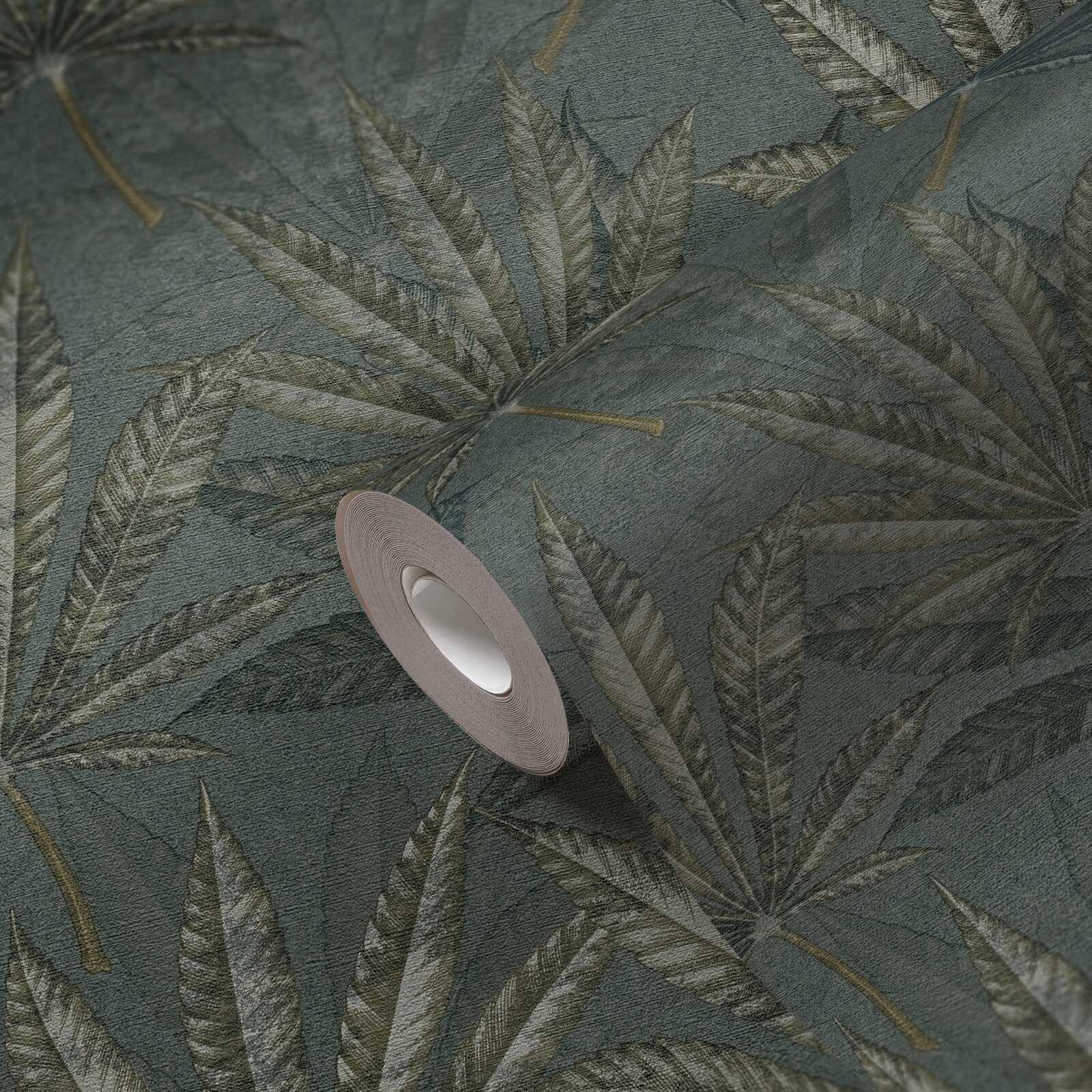             Papel pintado no tejido con hojas de palmera de aspecto estampado - gris, verde, azul
        