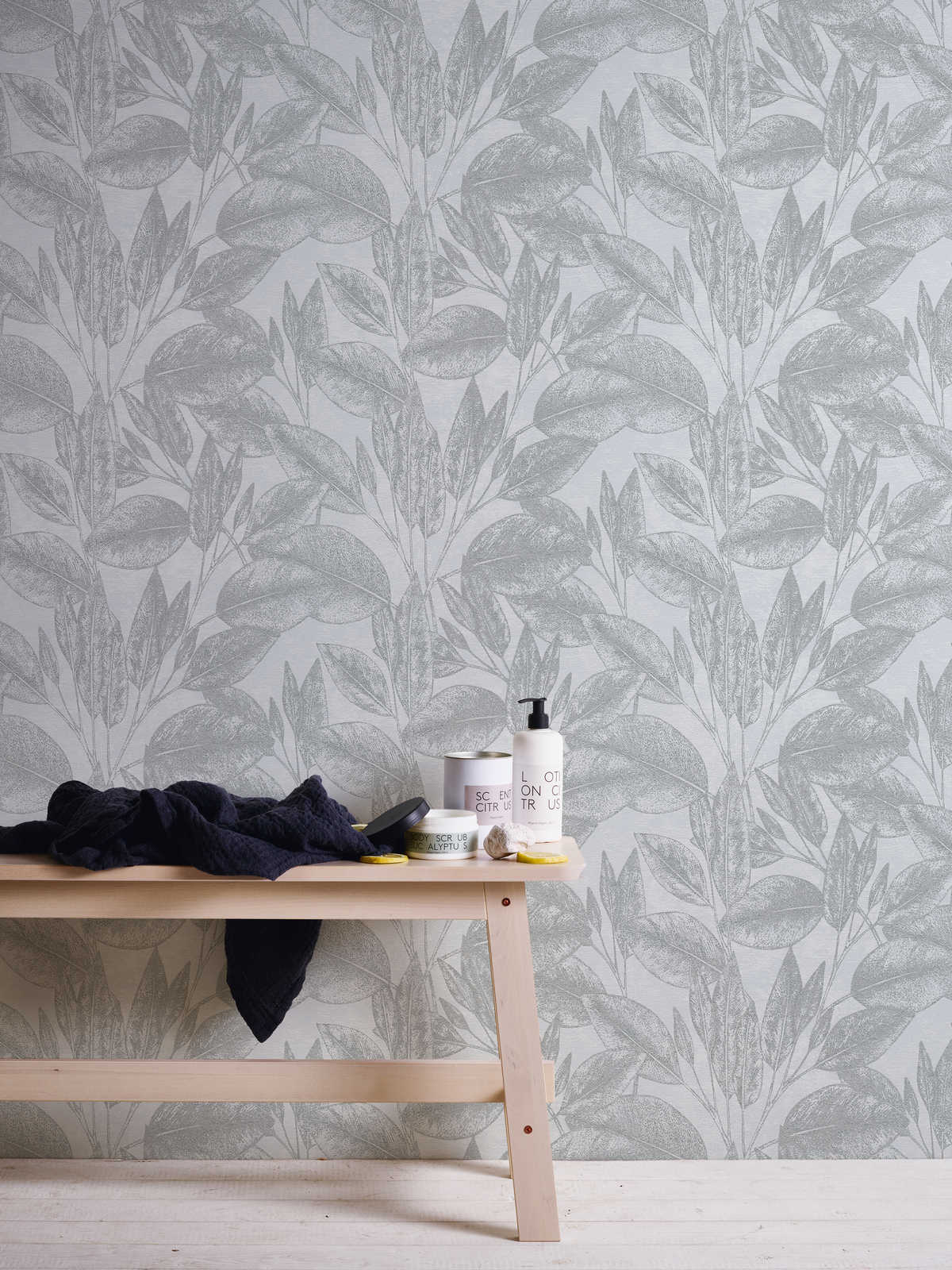             Papier peint vintage à motifs de feuilles - gris, métallique
        