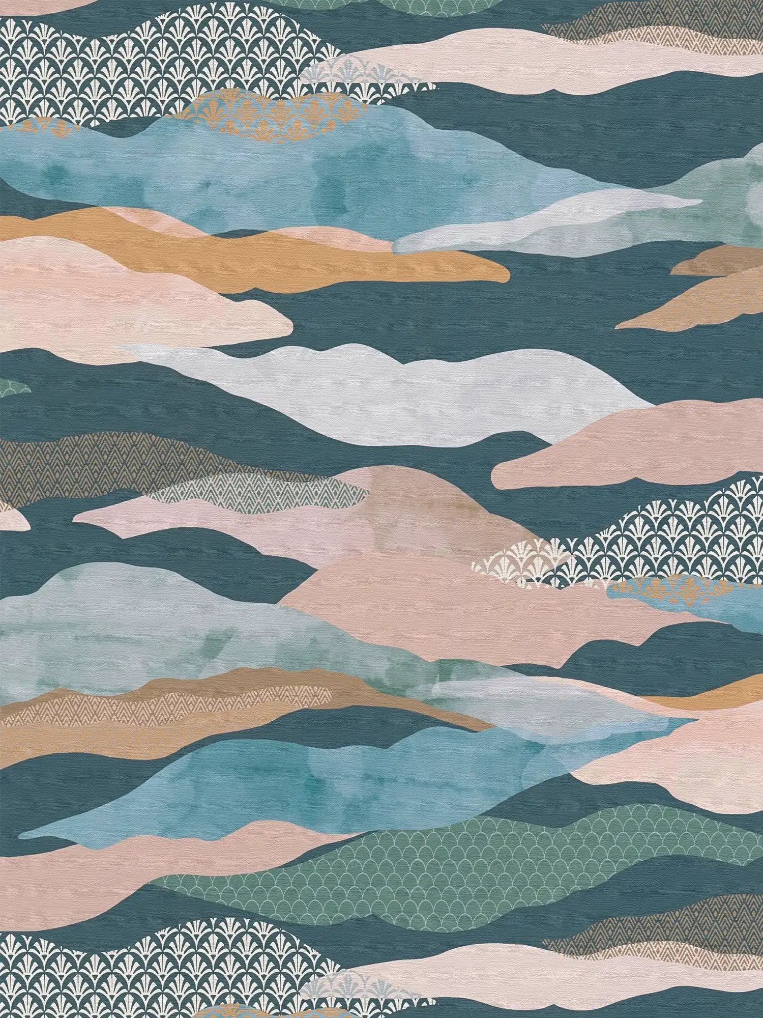 papier peint en papier intissé avec motif abstrait de vagues et de nuages - bleu, vert, rose
