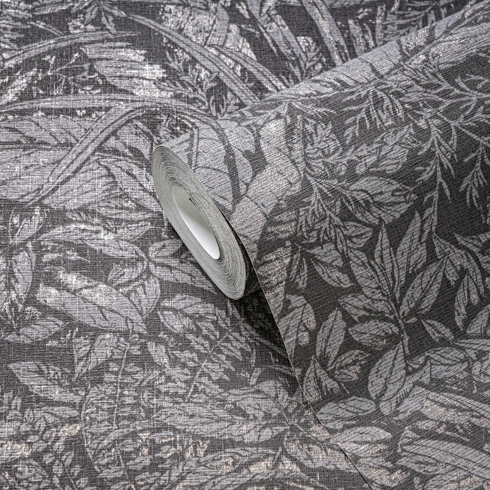             Carta da parati non tessuta con motivo floreale a foglie - grigio, nero, argento
        