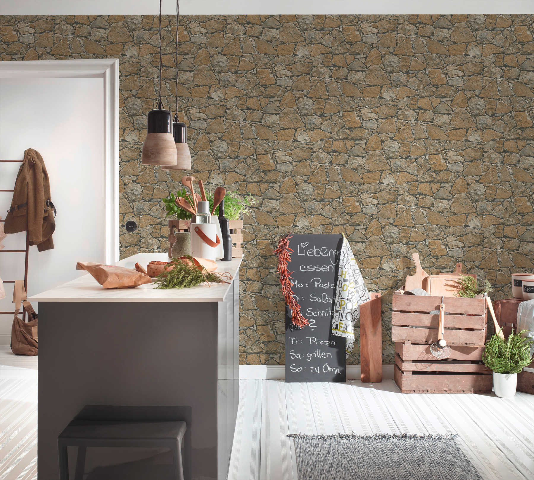             Papier peint pierre naturelle avec effet de mur réaliste - marron, beige, noir
        