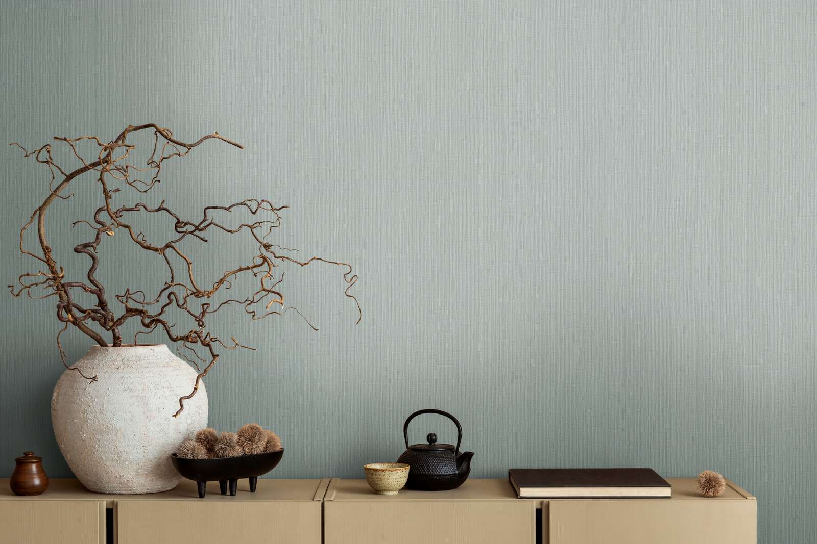             Plain-coloured non-woven wallpaper with a textile look - grey, blue
        