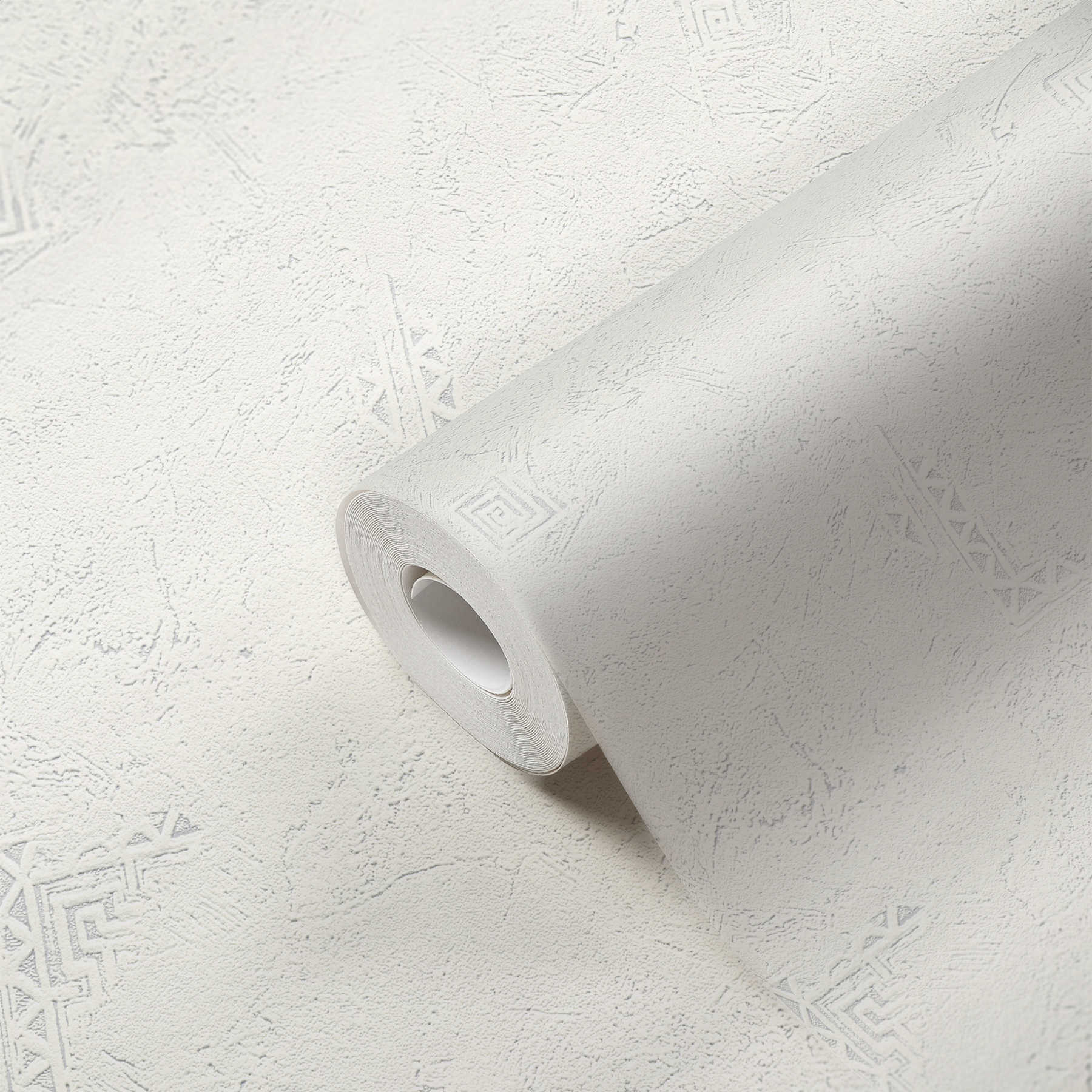             Papier peint texture rugueuse crépi et éléments géométriques - Peut être peint, blanc
        