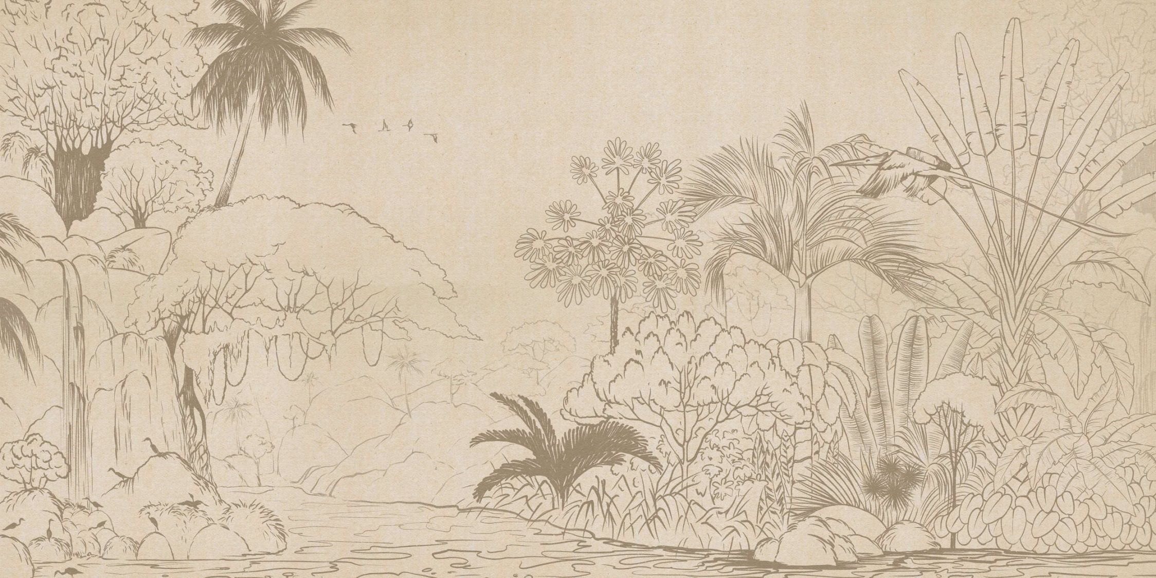             Papel pintado »oasis« - Selva en estilo dibujo con aspecto de papel hecho a mano - Material sin tejer liso, ligeramente nacarado.
        