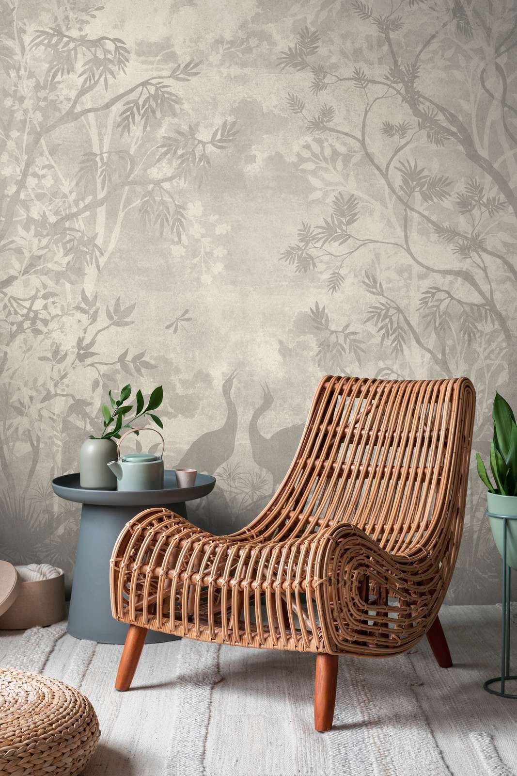             Non-woven wallpaper with mystical forest motif with trees and animals - beige, grey, cream
        