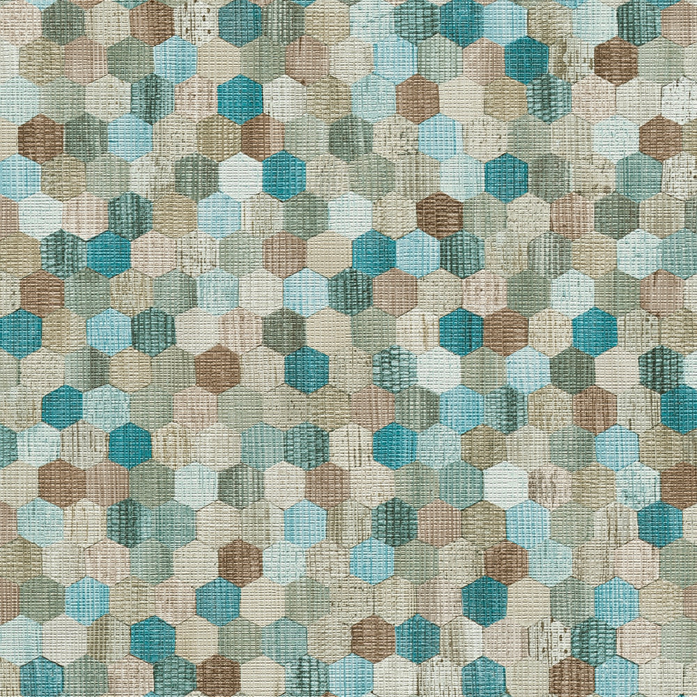             Papel pintado no tejido de colores con mosaico geométrico hexagonal - azul, beige, verde
        