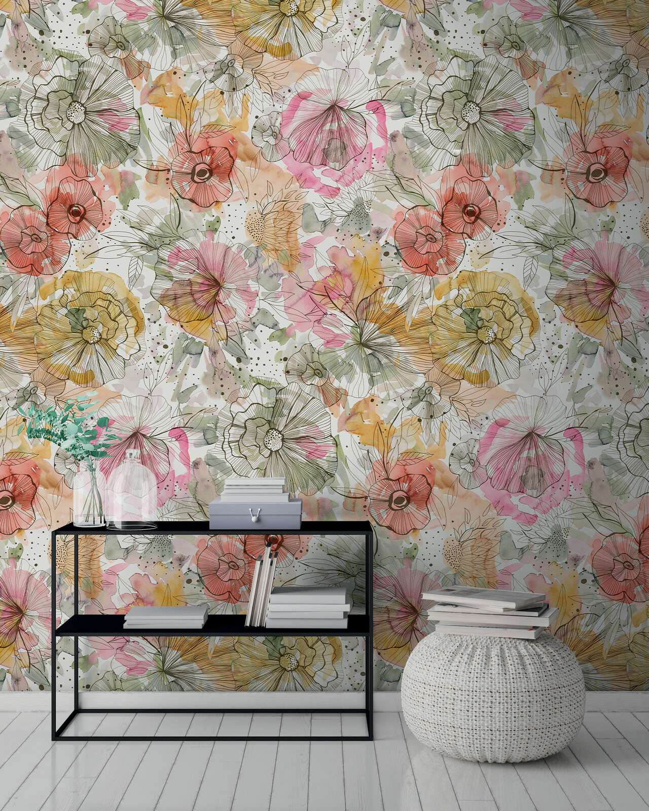             Papel pintado motivo en diseño XXL con flores y capullos en estilo acuarela - beige, naranja, rosa
        