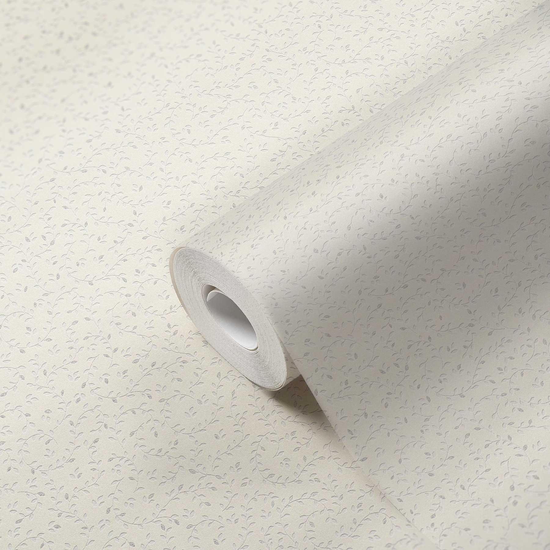             Papier peint motif feuilles filigranes, structuré - métallique, blanc
        