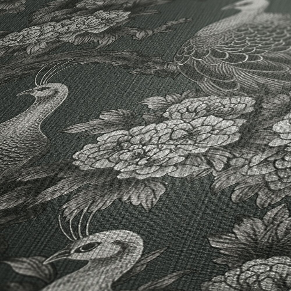             Non-woven wallpaper in English country house style floral - grey, black
        