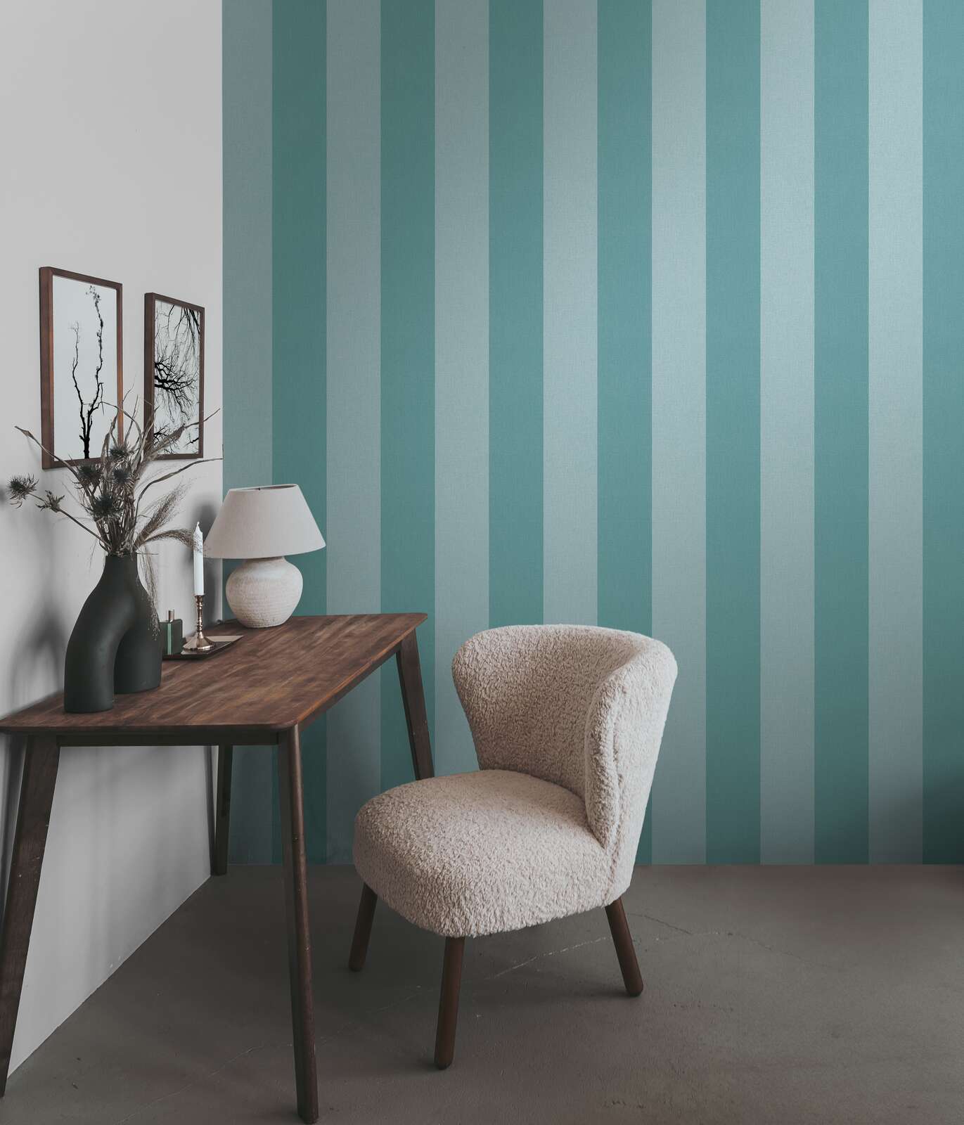             Non-woven wallpaper with block stripes and textile look - blue, turquoise
        