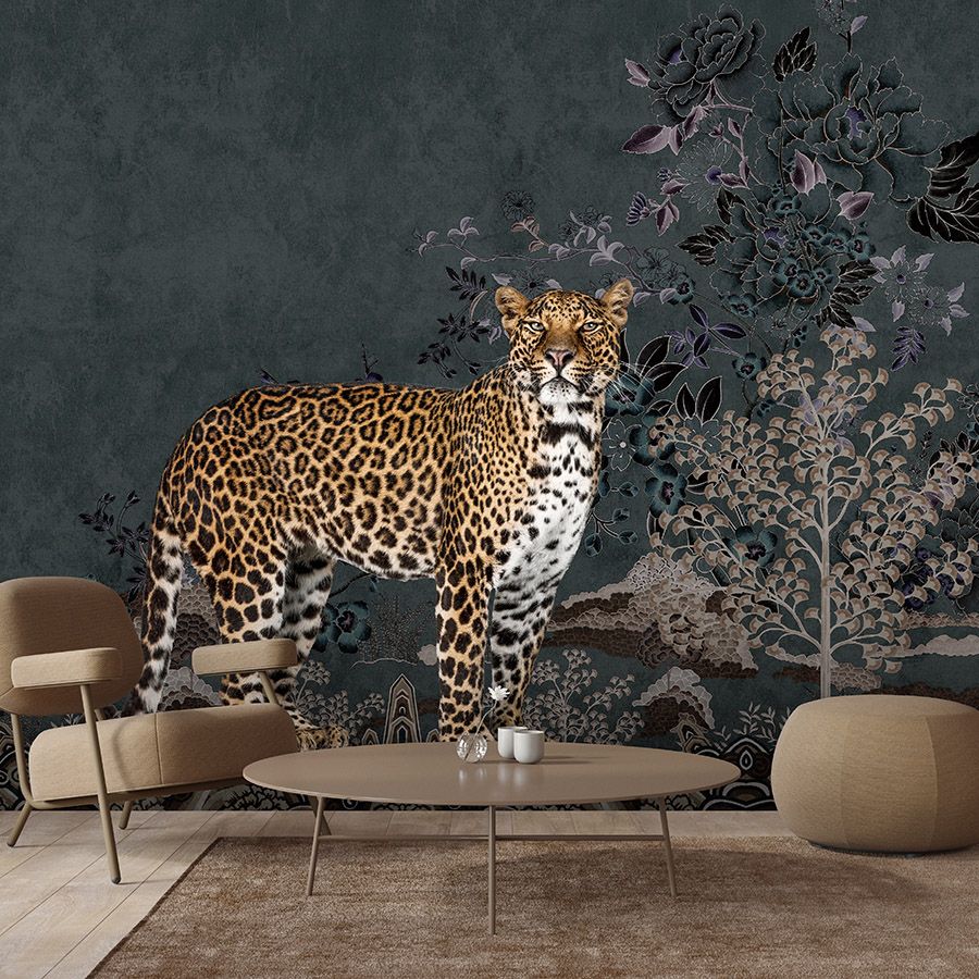 Fotomurali »rani« - Motivo astratto della giungla con leopardo - Materiali non tessuto liscio e opaco
