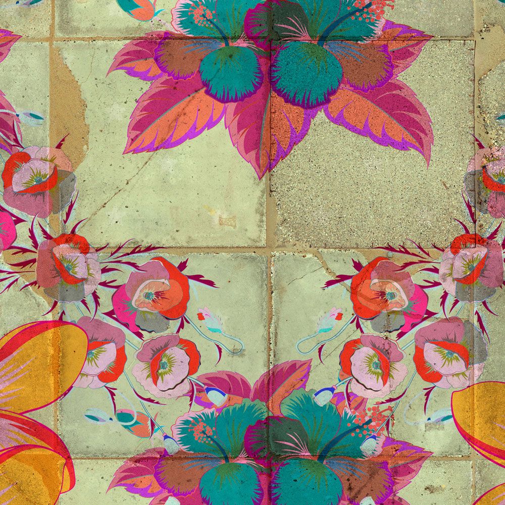             papier peint en papier panoramique »jolie« - dessin de fleurs avec effet kaléidoscopique sur structure de carreaux de béton - intissé légèrement structuré
        