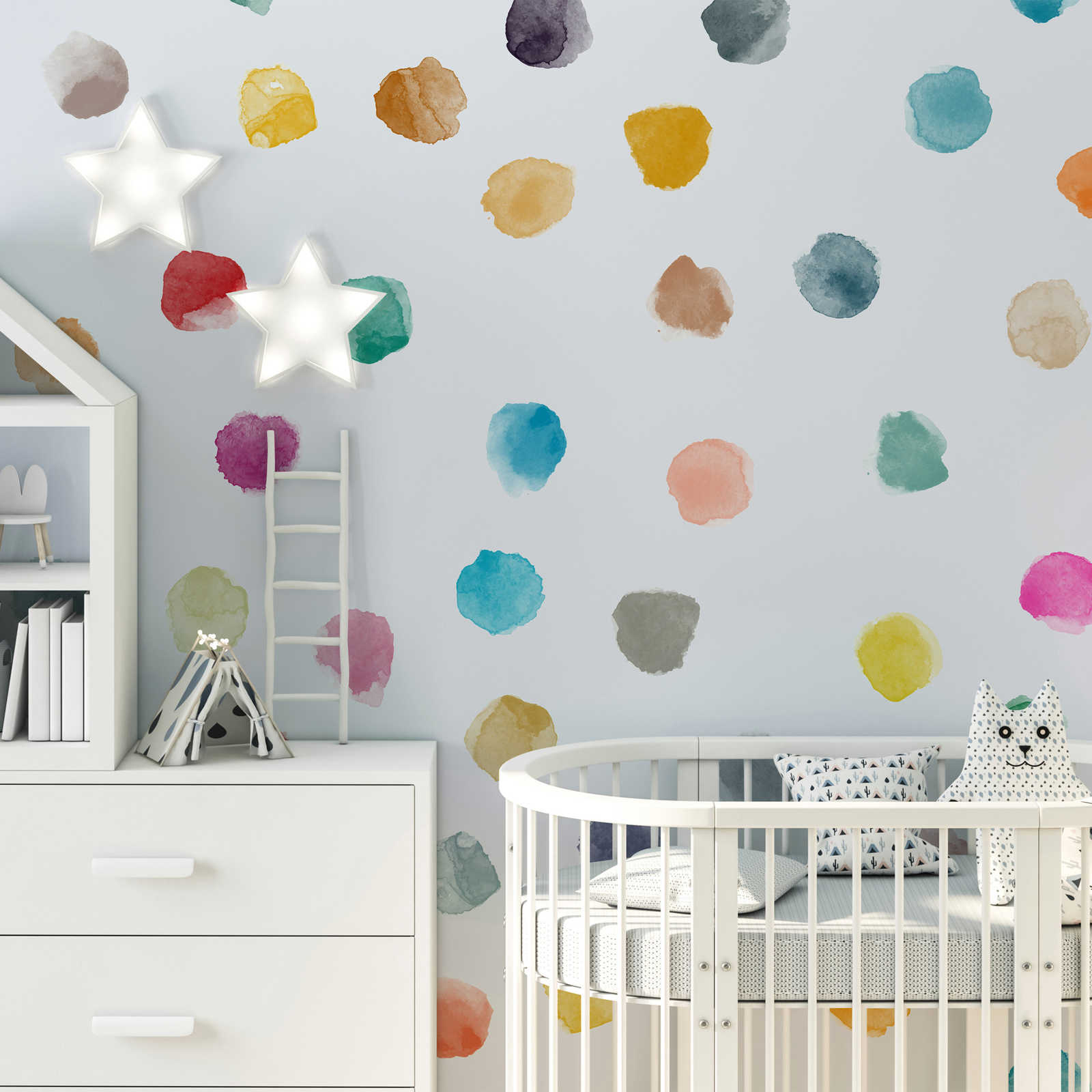 Mural para habitación infantil con lunares de colores - Material sin tejer liso y ligeramente brillante
