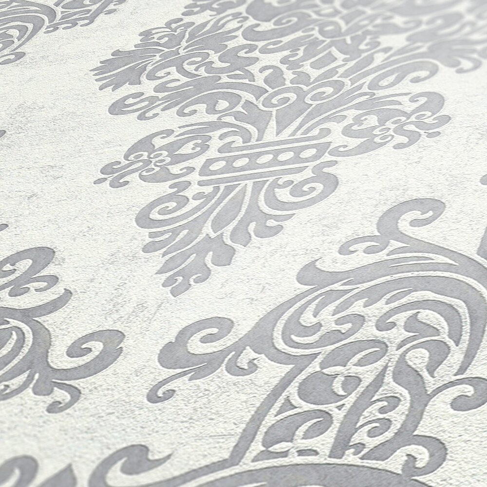             Non-woven wallpaper in baroque style with glittering details - white, grey
        