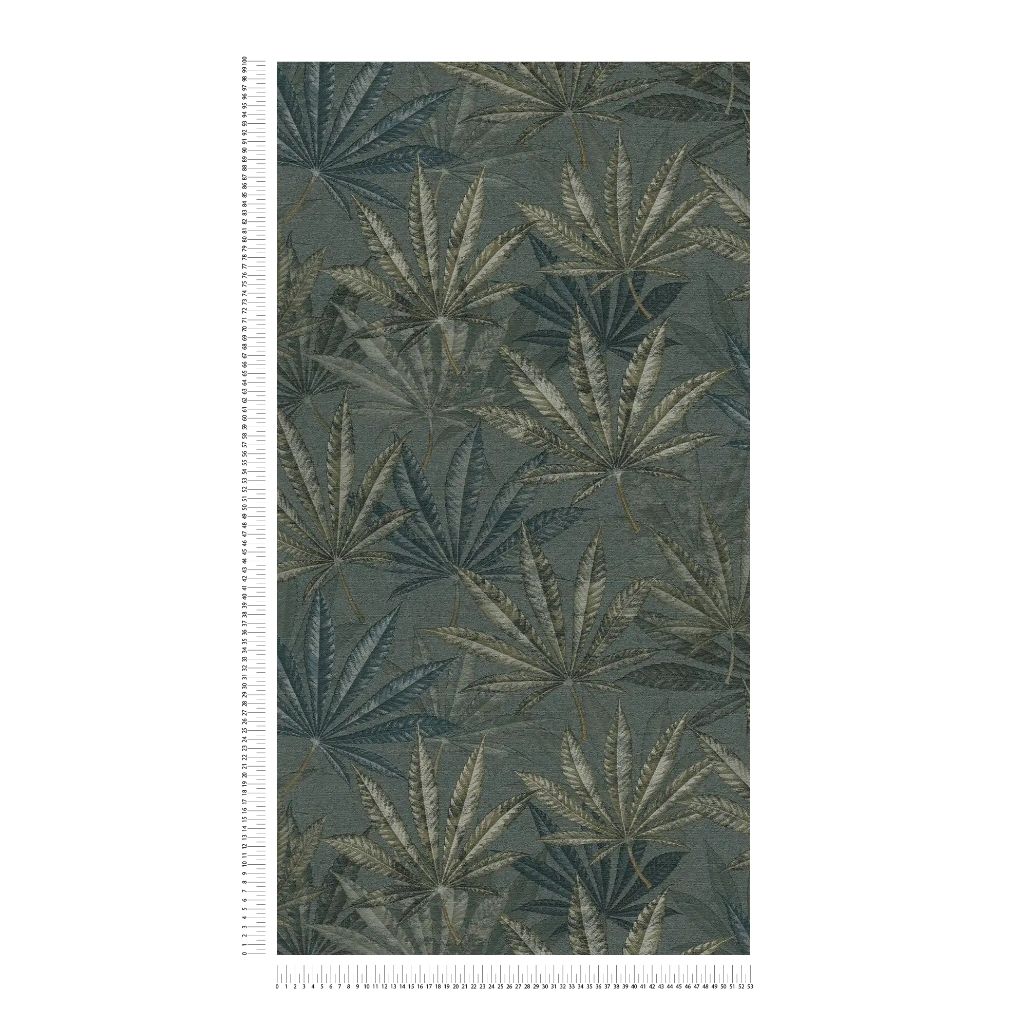             Papel pintado no tejido con hojas de palmera de aspecto estampado - gris, verde, azul
        