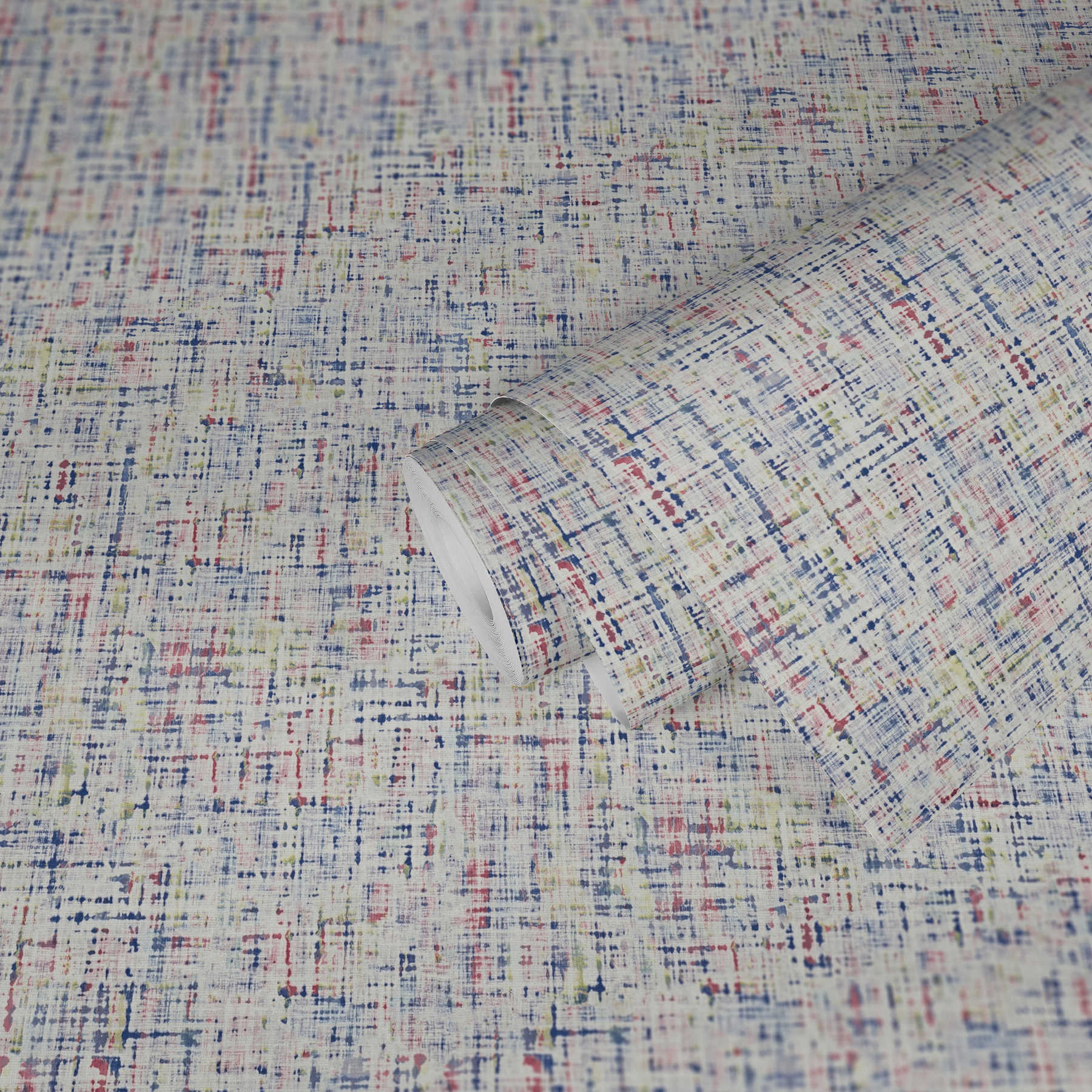             Non-woven wallpaper mottled textile look tweed design - blue, white, red
        