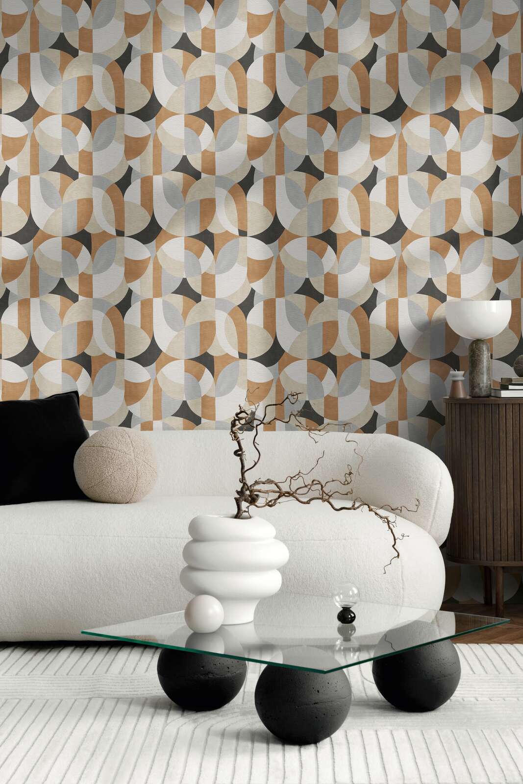             Non-woven wallpaper with abstract and graphic design - white, beige, black
        