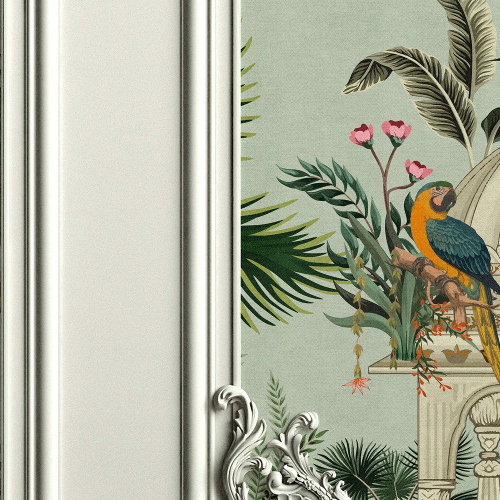             Fotomurali »darjeeling« - Cornice in stucco con uccelli e palme con texture in lino sullo sfondo - Materiali non tessuto premium liscio e leggermente lucido
        