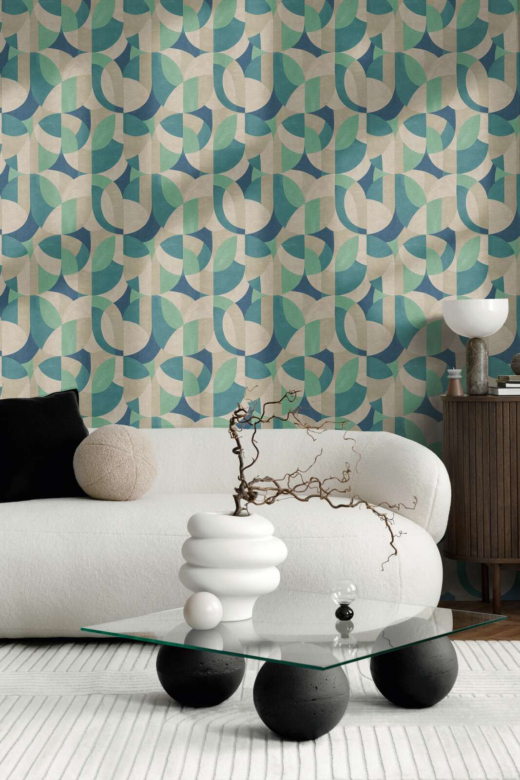             Graphic non-woven wallpaper in Bauhaus design - cream, beige, blue
        