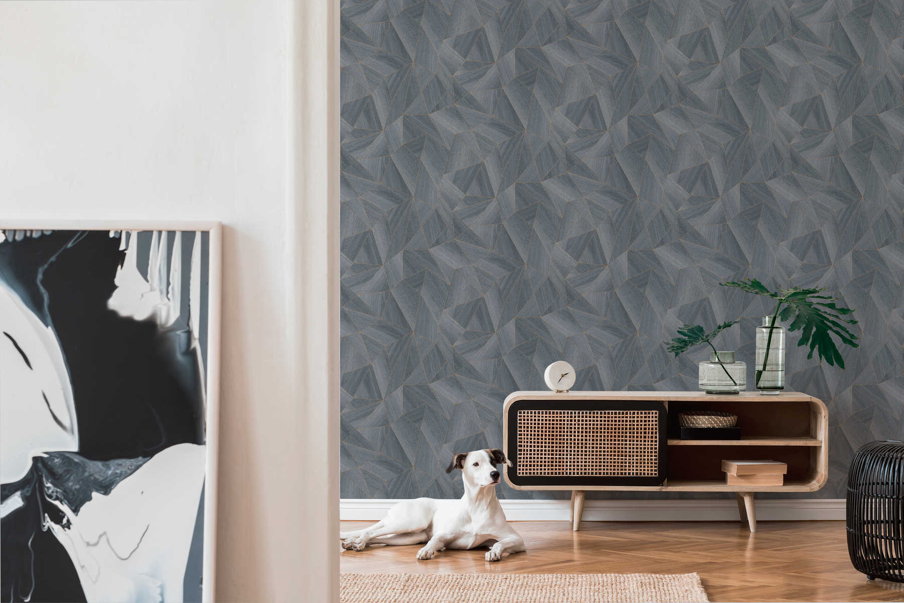             Wood wallpaper geometric pattern & metallic effect - grey, black
        