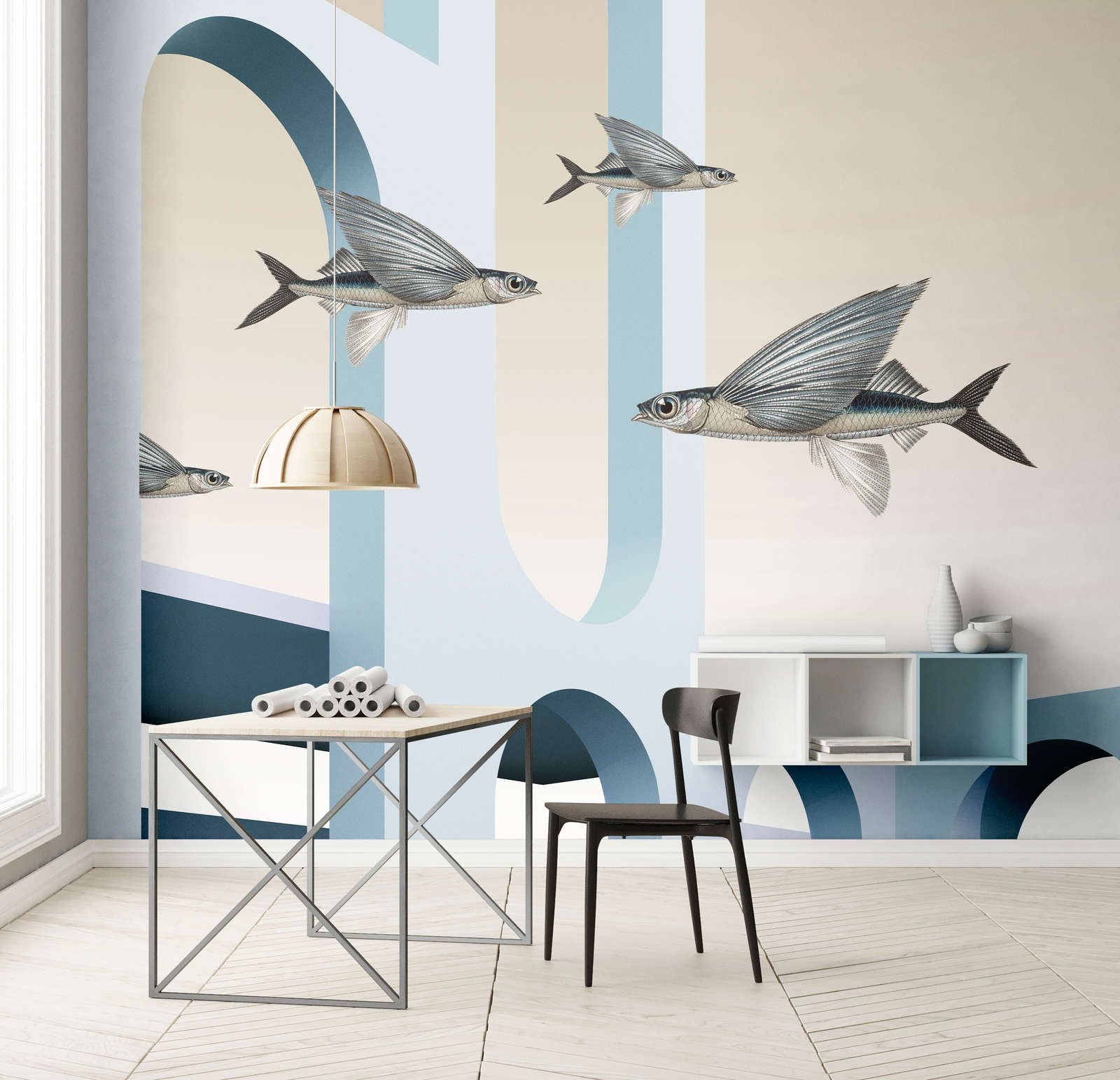             styx - papier peint en papier panoramique avec architecture abstraite 3D et poissons volants - intissé légèrement structuré
        