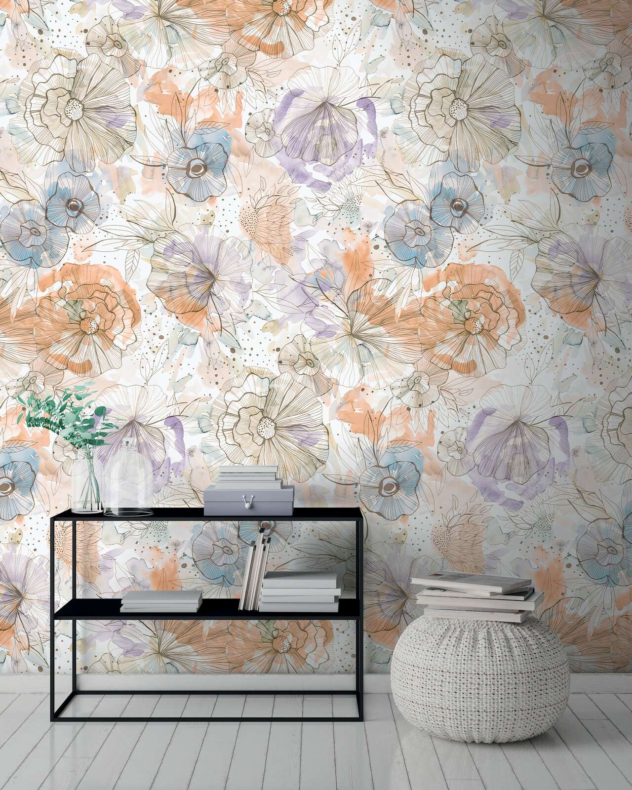             Papel pintado con motivo en diseño XXL con flores y capullos en acuarela - beige, naranja, azul
        