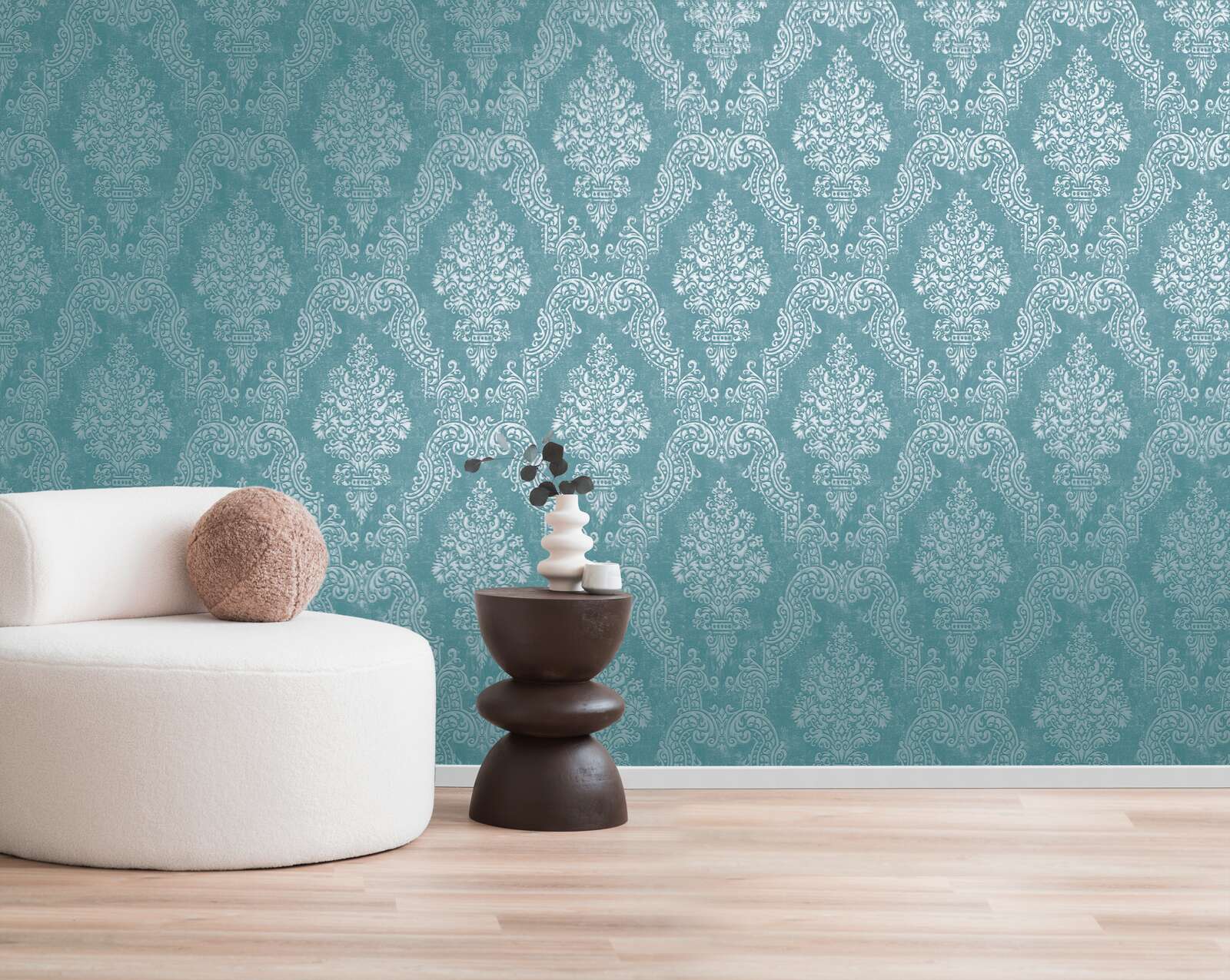             Vliesbehang met ornamenten en een glanzend metallic effect - blauw, turquoise
        