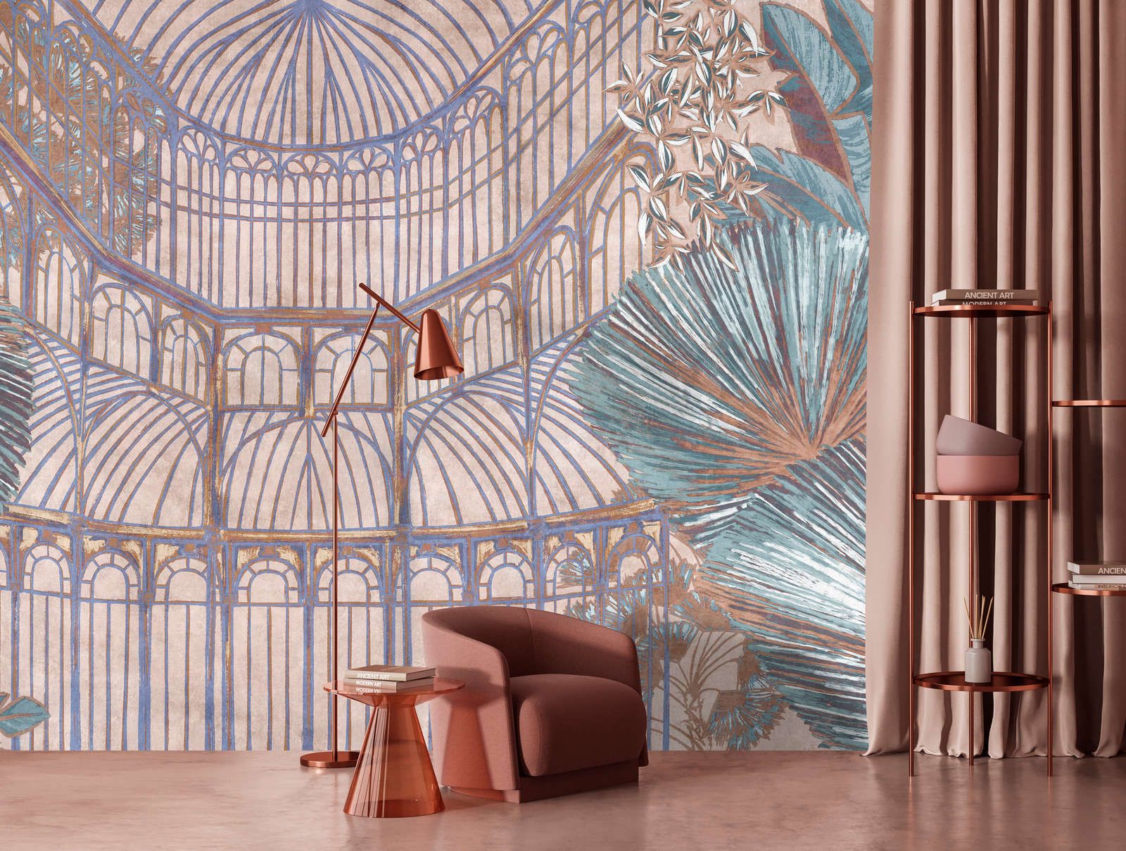             Photo wallpaper »orangerie 2« - Pavilion with jungle leaves on vintage plaster texture - Rosé, Turquoise | Matt, Smooth non-woven fabric
        