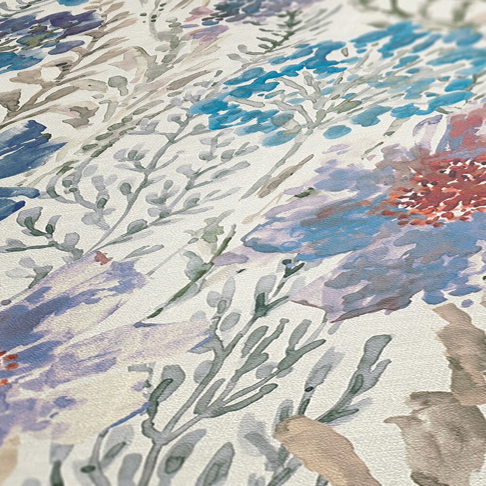             Fleurs et prairie fleurie papier peint intissé style aquarelle - bleu, blanc, gris
        