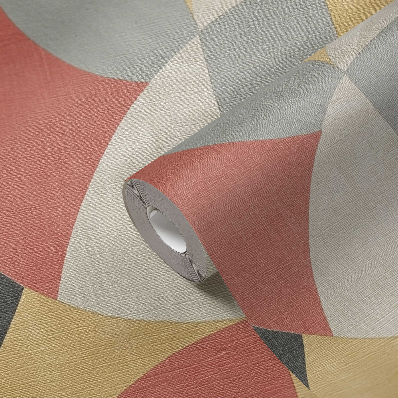             Papel pintado 3D no tejido de estilo Bauhaus geométrico - gris, beige, rojo
        