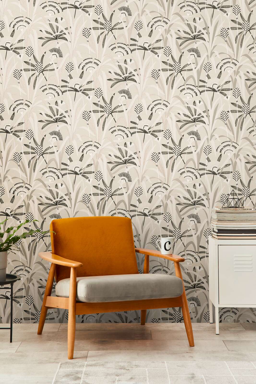             Non-woven wallpaper floral motif in retro design - black, white, grey
        