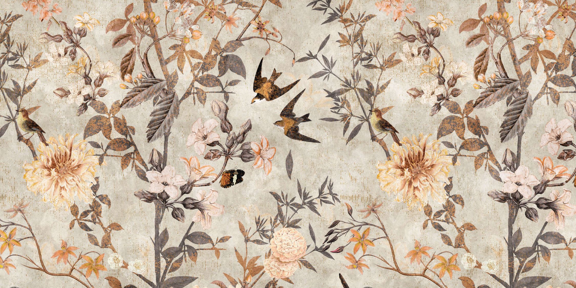             Fotomural »eden« - Pájaros y flores de estilo vintage - Tela no tejida de textura ligera
        