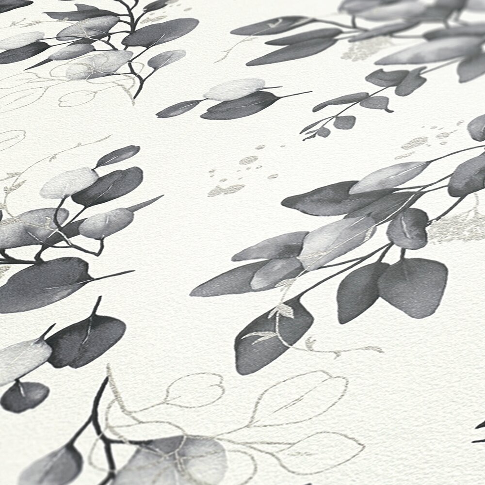             Non-woven floral wallpaper with glitter accents - white, black, grey
        