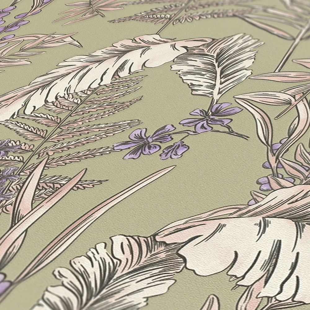             papier peint en papier moderne style floral structuré avec des feuilles et des fleurs - gris, crème, violet
        