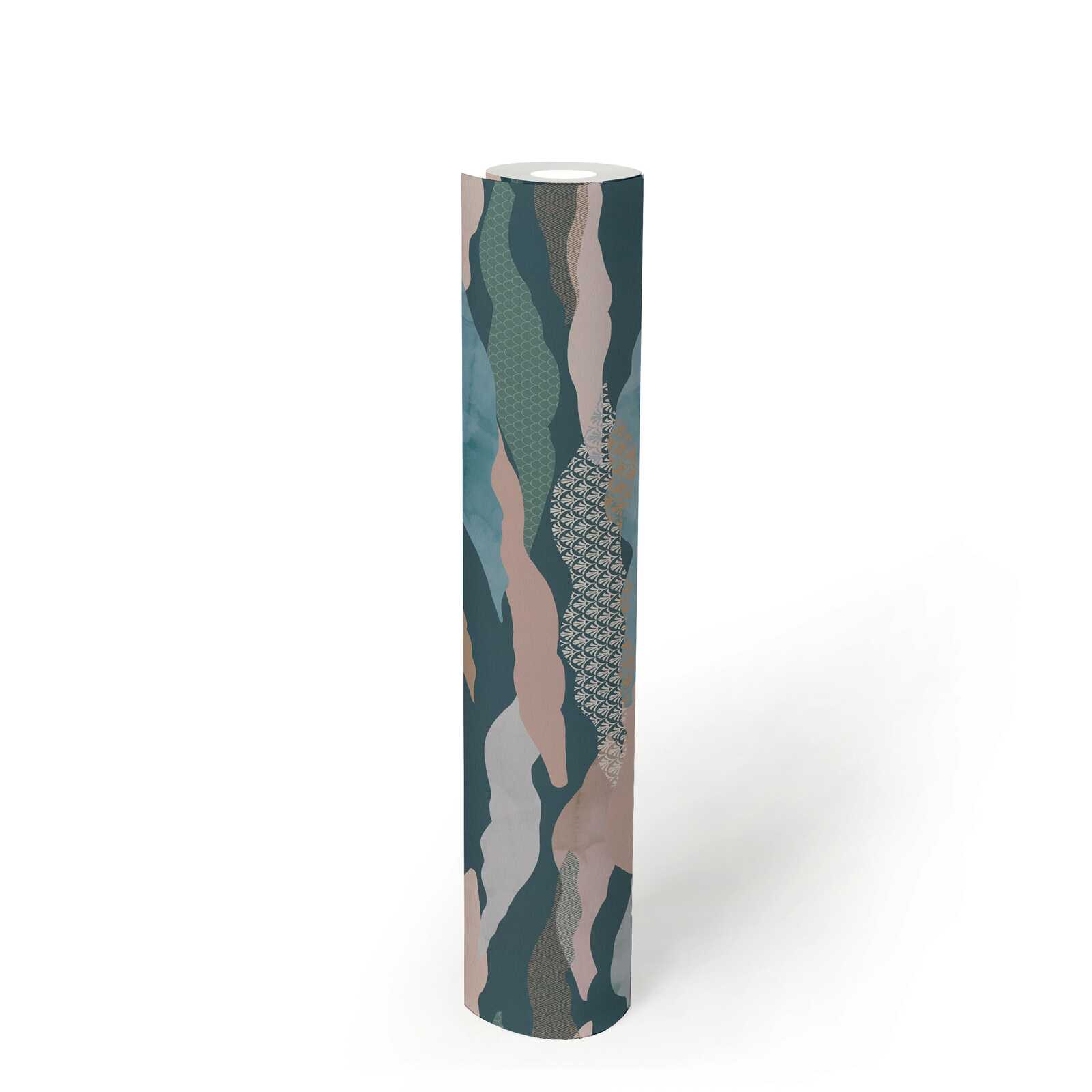             Non-woven wallpaper with abstract wave and cloud pattern - blue, green, pink
        