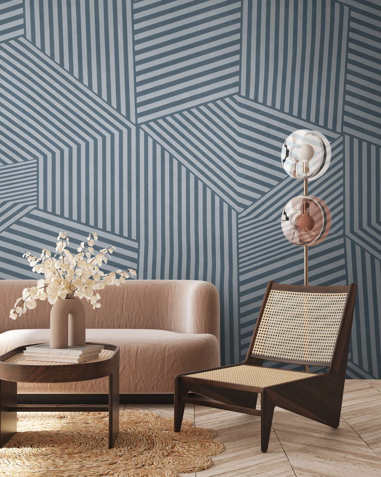             Modern photo wallpaper with graphic stripe design as non-woven wallpaper - blue, grey
        