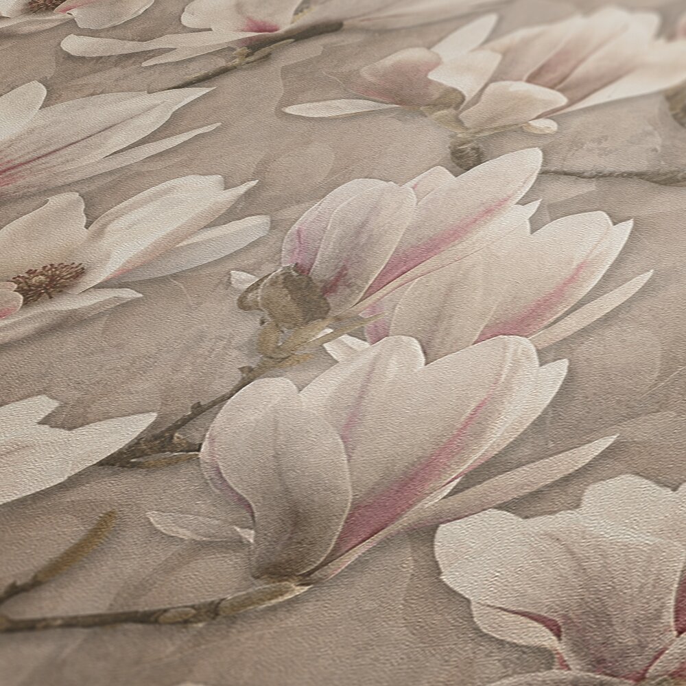             Non-woven floral wallpaper with magnolia blossoms - brown, pink, white
        