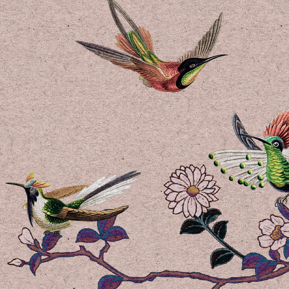             Digital behang »madras 2« - Rooskleurig bloemmotief met kolibries op kraftpapiertextuur - Licht geweven vlies met structuur
        