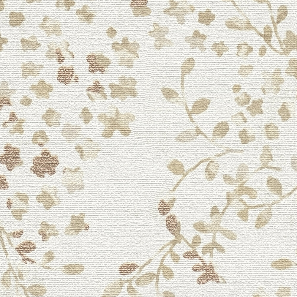             Floral motif non-woven wallpaper with light golden accents - cream, beige, brown
        