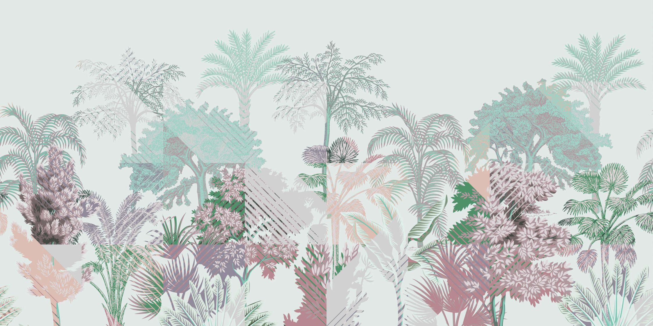             Digital behang »esplanade 1« - jungle patchwork met struiken - groen, roze | Gladde, licht parelmoerglanzende vliesstof
        