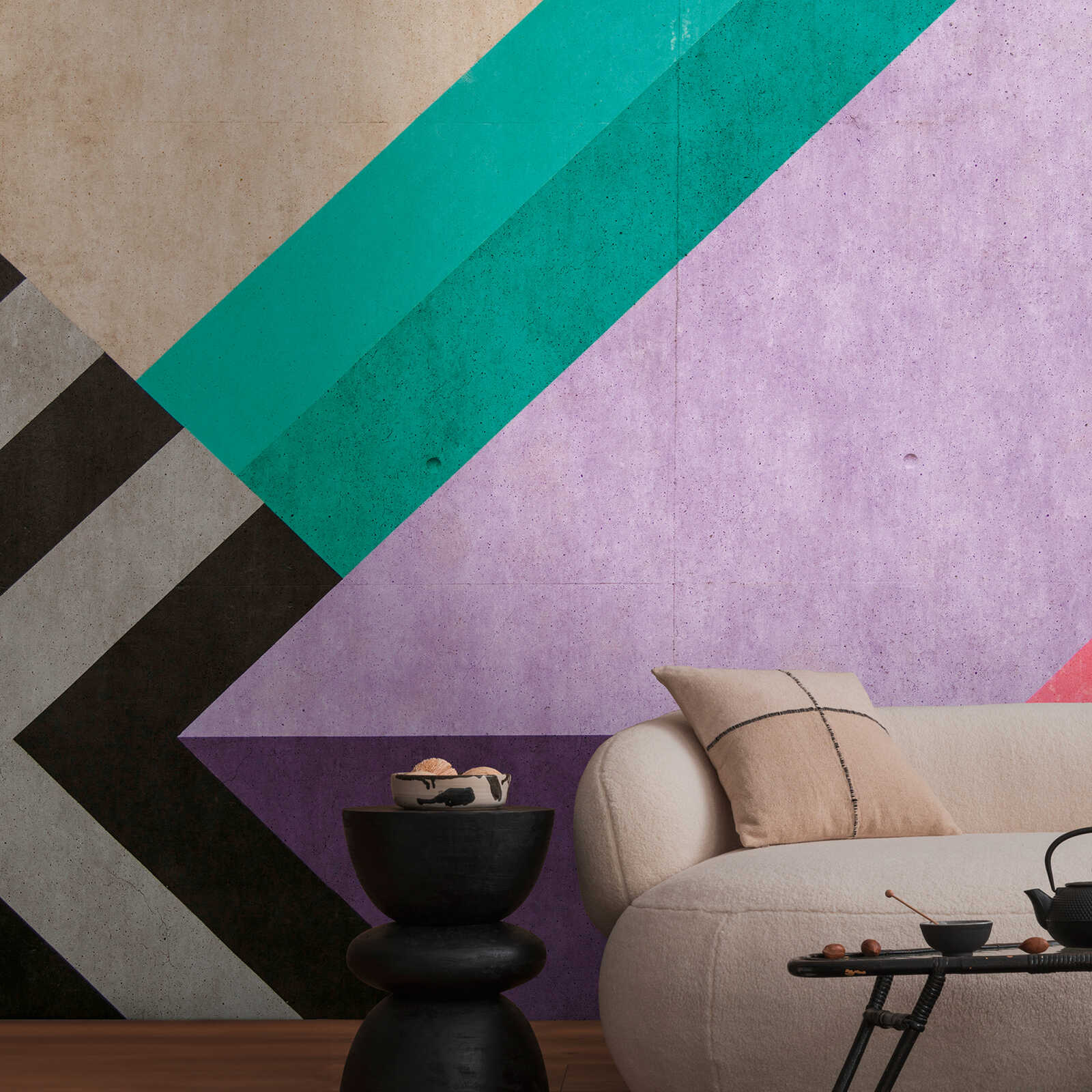             Graphic photo wallpaper with dynamic line textures as non-woven wallpaper - colourful, purple, black
        